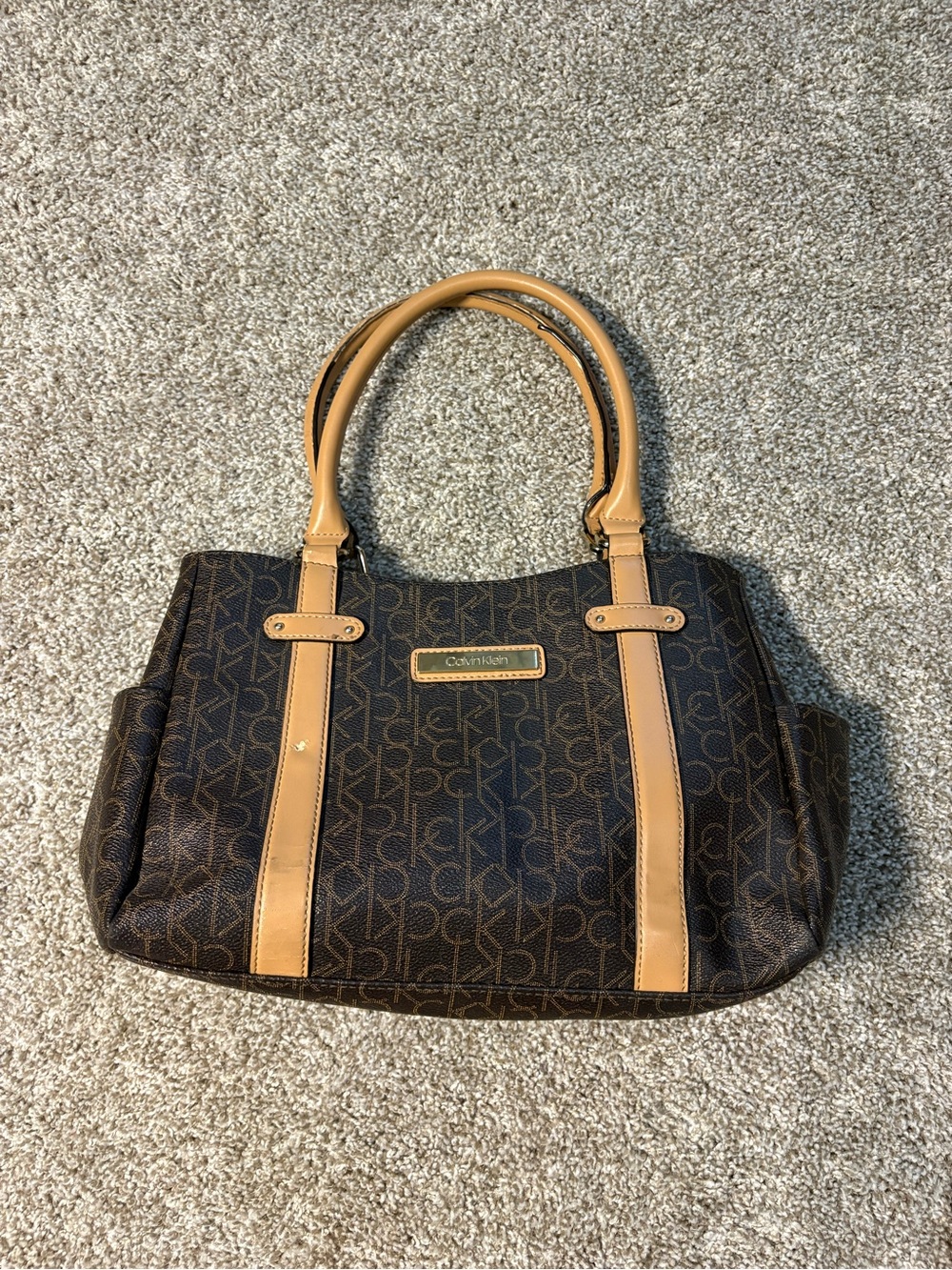 Calvin Klein Brown CK Monogram Satchel Top Handle Bag Beige Trim Double Handles